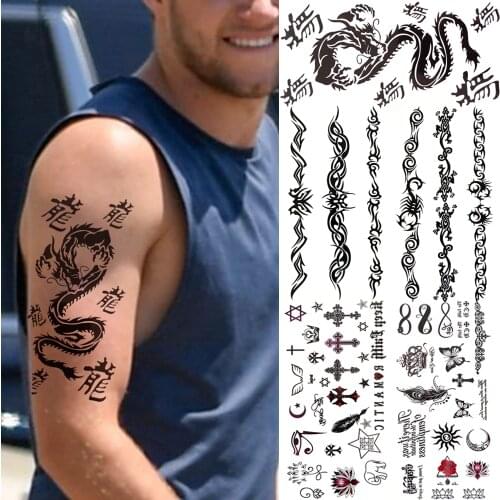 Realistic Dragon Totem Fake Tattoo Sticker For Men Kids Indian Tribal Thorn Temporary Tattoo Infinity Cross Water Transfer Tatoo