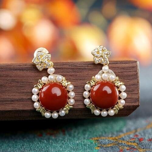 Silver inlaid southern red tourmaline pearl flower earrings personalized retro ladies exquisite and elegant engagement jewelry