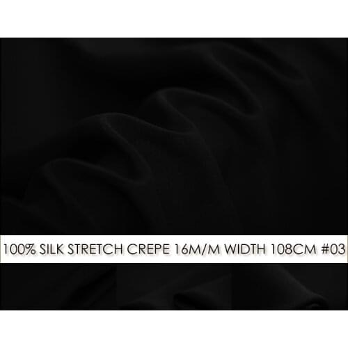 SILK STRETCH CREPE 108cm width 16momme Pure Mulberry Soft Matt Silk Fabric With Spandex Lycra Fabric Crepe De Chine Black No.03