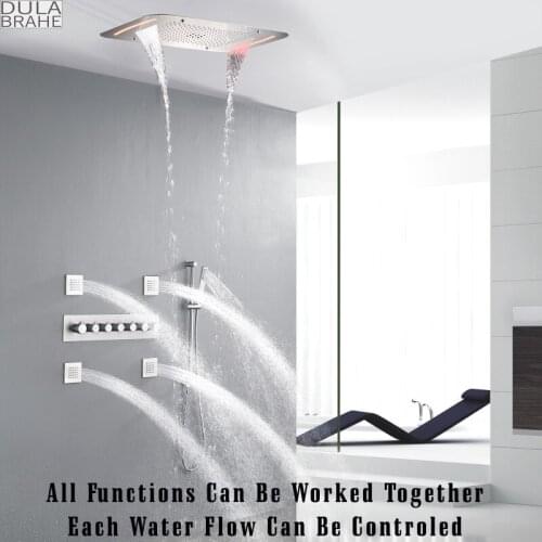 Bathroom Thermostatic Shower System Brushed Faucet Set Stainless Steel Waterfall LED Rain Shower Head Brass Body Sprayer Jets