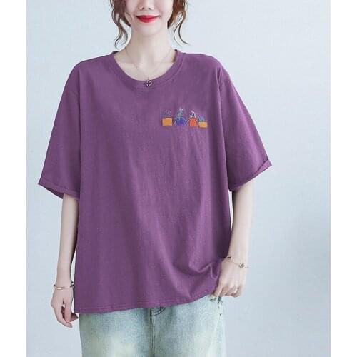 100% Cotton Women Summer Loose Casual T-shirts New Arrival 2021 Simple Style Embroidery Female Short Sleeve Tops Tees B179