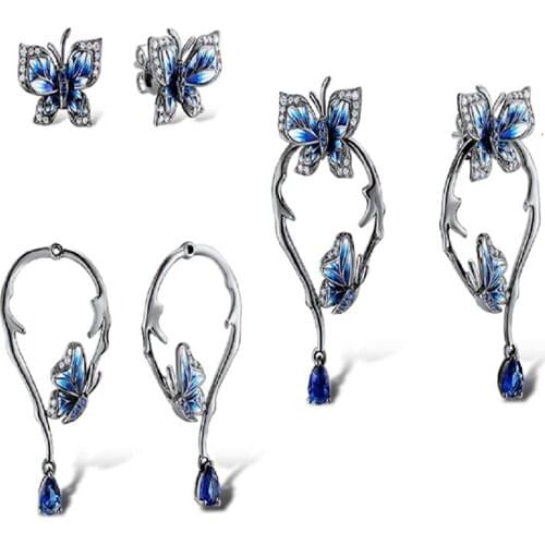 Silver Colour Earrings For Women Genuine Blue Butterfly Earrings Glamorous Fashion Jewelry Handmade Enamel Ear Studs