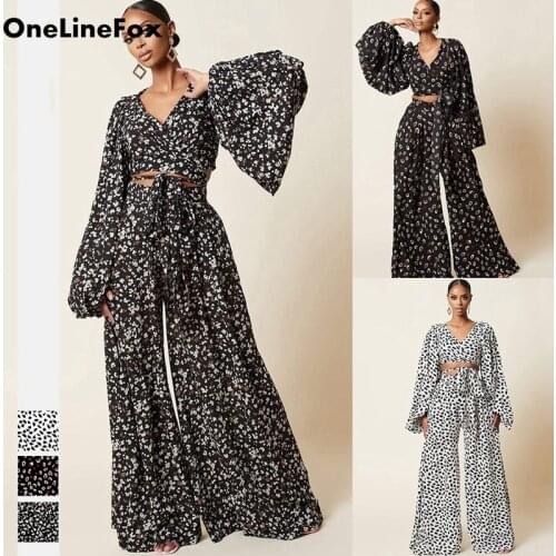 OneLineFox Womens Wrap V Neck Leopard Print Bandage Splicing Long Sleeve Cardigan Wide Pants Set Suit 2 Piece Outfits Jumpsuits
