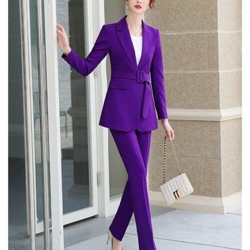 Vintage Spring Autumn Women Pant Suit Black Purple Notched Blazer Jacket & Pant 2021 Office Work Wear Women Suits Female Sets