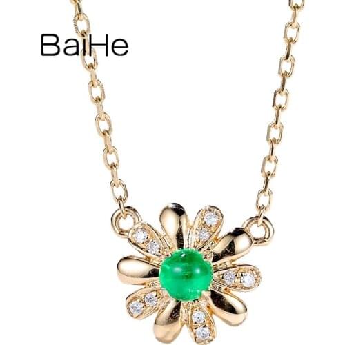 BAIHE Solid 18K White/Yellow/Rose Gold 0.12ct Natural Emerald 0.02ct Diamond Wedding Small flower emerald necklace For Women
