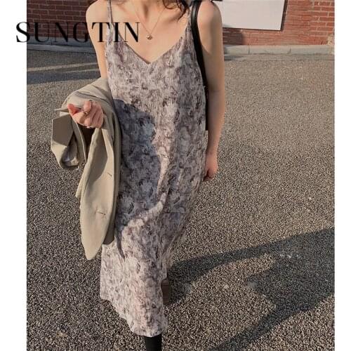 Sungtin Floral Slip Dress Women Vintage Chic Spaghetti Strap Flower Dress Spring Summer Mid Calf Vestido Mujer Sundress Korean