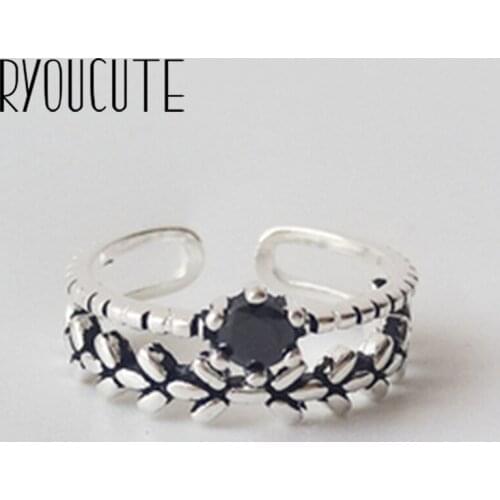 Bohemian Vintage Silver Color Black Zircon Leaf Rings For Women Gifts Girls Open Retro Antique Rings Wedding Jewelry