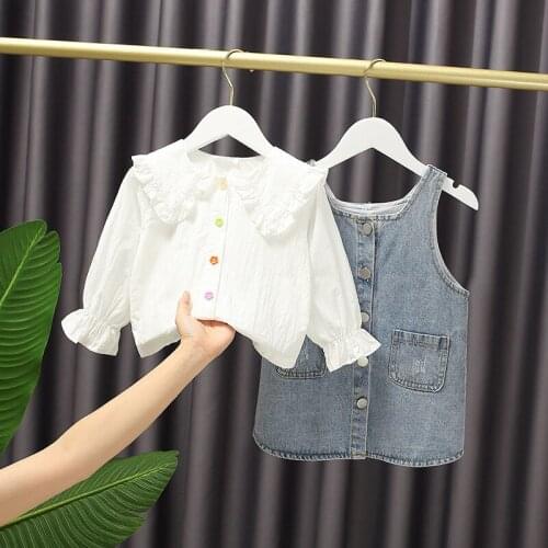 Baby Gilrs Fashion Doll Spring Autumn Collar Shirt + Cowboy Dress Baby Princess 2pcs Clothes Set Kids