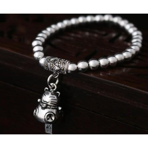 925 Sterling Silver Luck Maneki Neko Cat 5mm Beads Bracelet Gift A2557