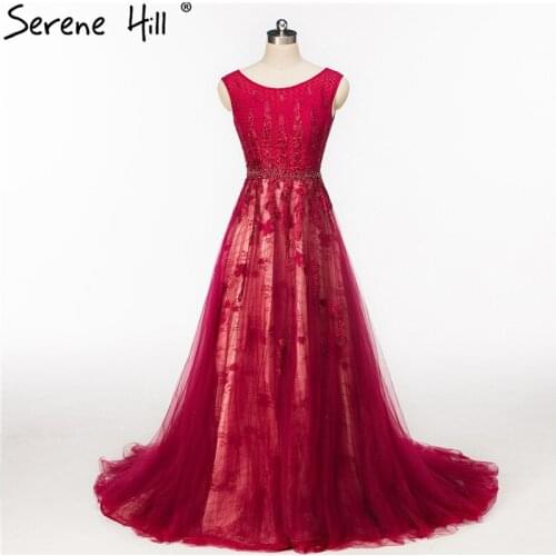 Arabic Robe De Soiree Burgundy Long Evening Dresses 2020 Crystal Lace Prom Dress Party Real Picture Serene Hill BHA2082