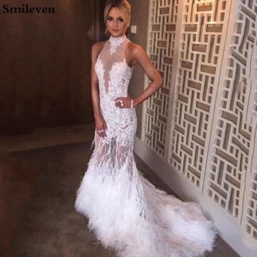 Smileven White Mermaid Prom Dresses High Neck Formal Evening Gowns Feather Appliques Open Back Evening Party Dress 2019