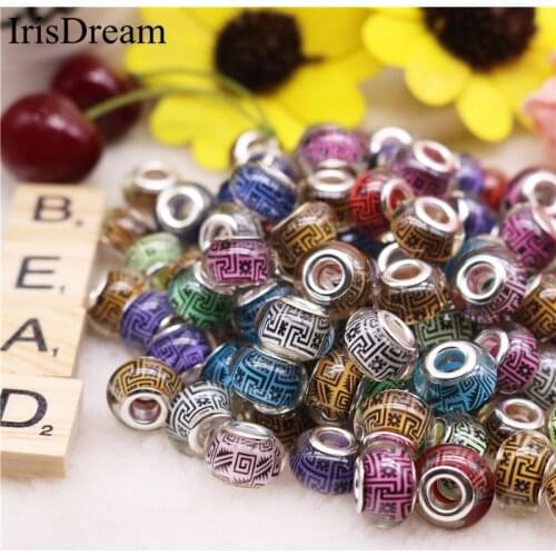 10Pcs/Lot Mixed Color Round Loose Big Hole Flower Plastic Glass Murano Beads Charm Fit European Pandora Bracelet Necklace Chain