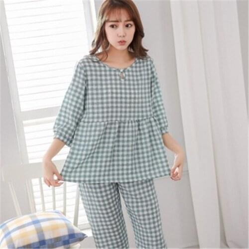 Daeryard Women Plaid Cotton Pajamas Set Round Neck Knitted Pyjamas Pants Femme Soft Breathable Sleepwear Casual Homewear Pj Set