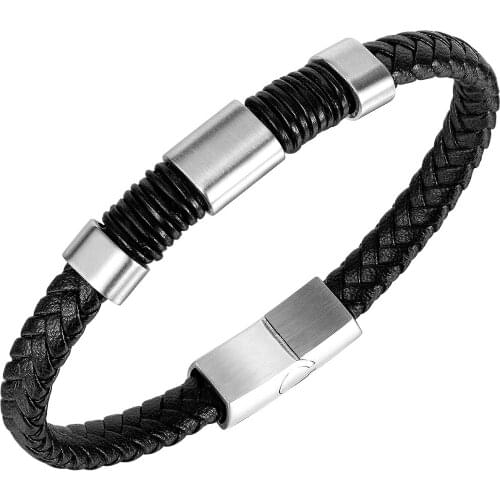 Cyue European Men Boy Braided Leather Bracelet Stainless Steel Charms Button Wristband Fashion Jewelry ZYLB0173
