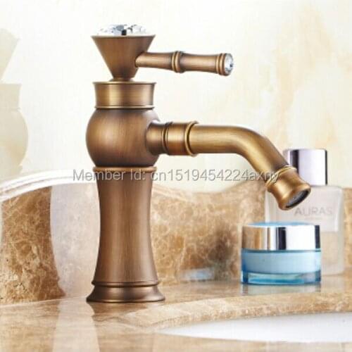 Gizero Antique Copper Crystal with Diamond Faucet Bathroom Basin Mixer Deck Mounted Hot and Cold Faucet with Swivel Spout GI54