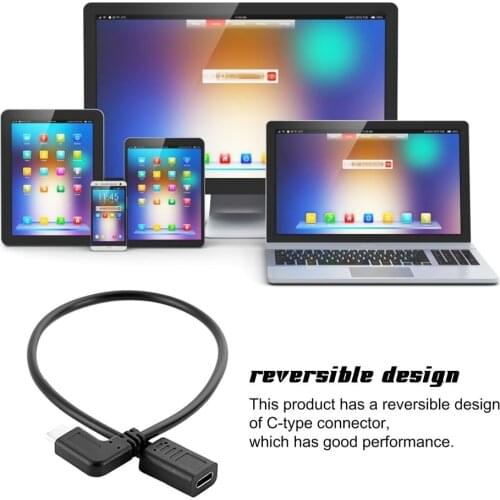 0.3 Meters Type-C USB 3.1 Male to USB-C Female 90 degree Extension Data Cable Extender Cord Reversible Design