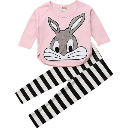 Kids Baby Girls Clothes Set 2PCS Outfits Cartoon Rabbit Long Sleeve T Shirt Top Tracksuit Striped Pant Autumn Costume Sale 6M-4T