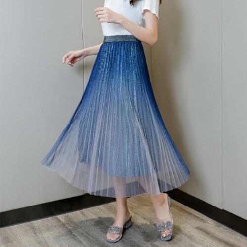 Summer Mesh Skirt Women Summer High Waist Pleated Skirt Women Big Swing A-line Long Skirt Women