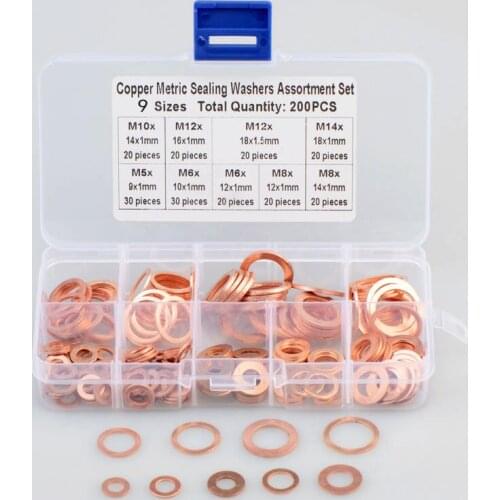 Copper Washer Gasket Nut and Bolt Set Flat Ring Seal Assortment Kit M5 M6 M8 M10 M12 M14 for Sump Plugs Water 200/ 300 Pcs