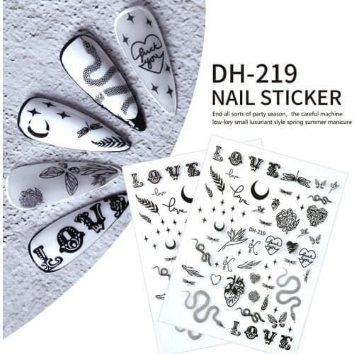 Nail Stickers Black Decals Cool Animal Snake Leopard Flower Nail Art Decorations 3D English Alphabet Big Sheet With Adhesive