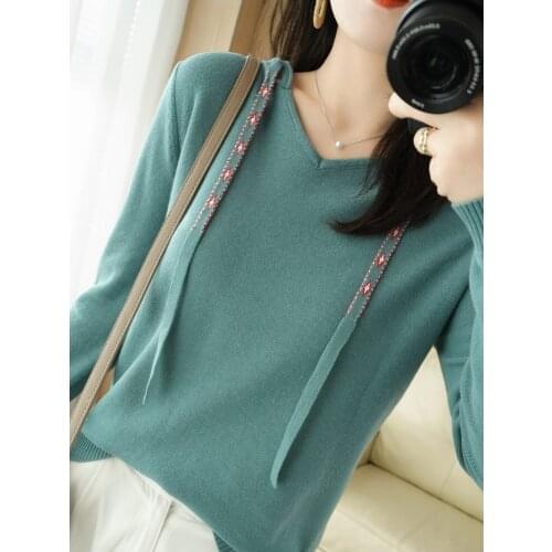 2021 spring autumn new pure cotton sweater women casual knit sweater pure color hooded collar top women large size pullover