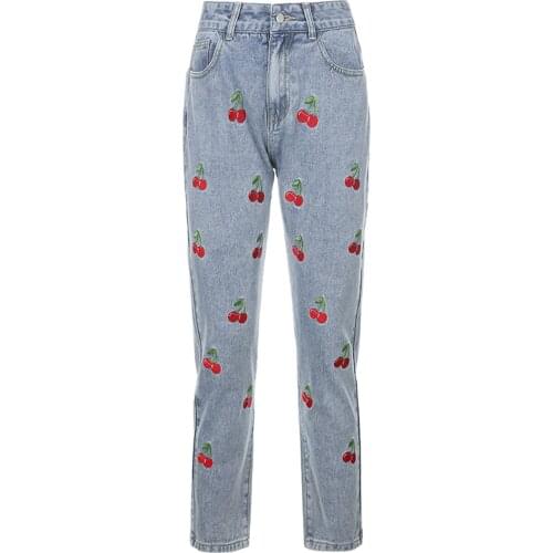 Brand New Female Slim Fit Jeans Cherry Embroidery High Waist Close-Fitting Denim Trousers Long Pants