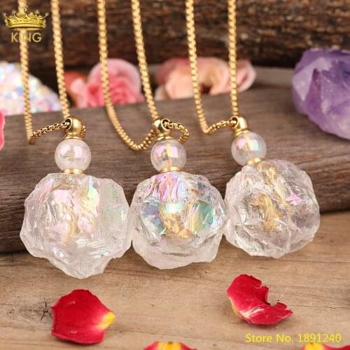 Faceted Rough Natural White Quartz Irregular Perfume Bottle Pendant Necklace Women Titanium Aura Crystal Stone Diffuser Jewelry