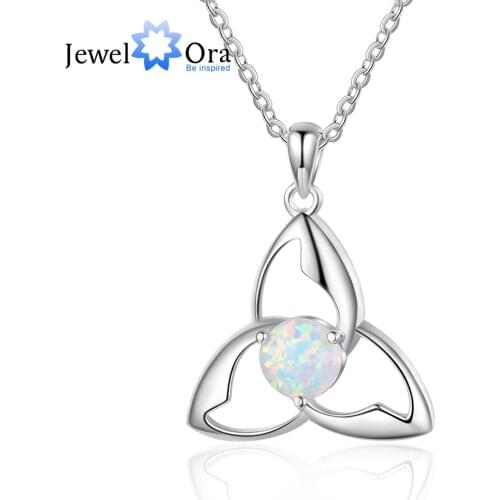 JewelOra Silver Color Triquetra Trinity Knot Pendant Necklace Simulated White Fire Opal Necklace Women Jewelry Accessories