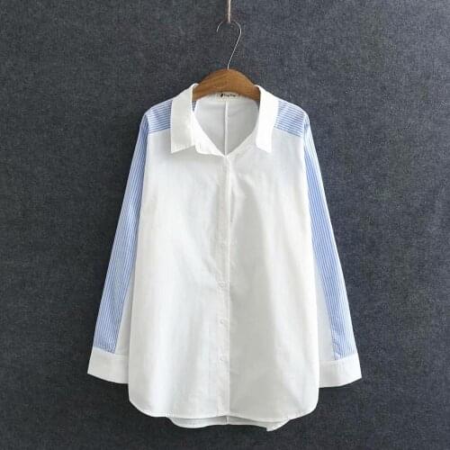 Plus size patchwork stripe women loose white shirts 2021 new spring autumn casual ladies cotton blouse female tops