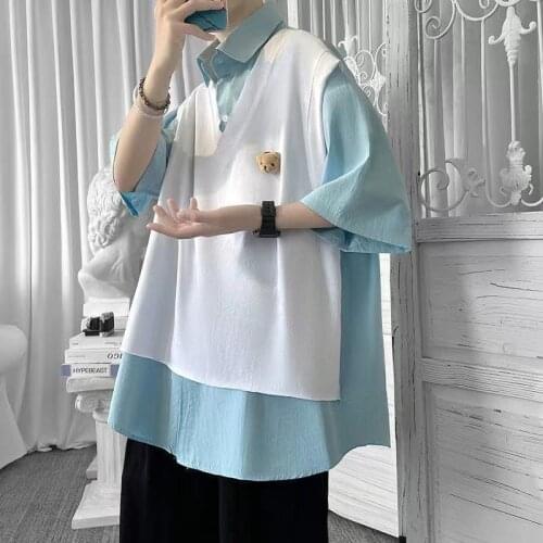 Korea Style Fake Two-piece Shirt Mens Short Sleeve Summer Fashion Splicing Bear Design Half Sleeve Shirt Student Loose Shirts