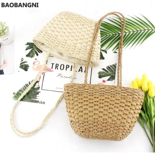 New solid color retro straw bag shoulder woven bag casual handbag beach bag