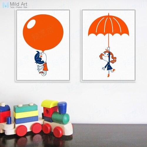 Modern Red Balloon Umbrella Boy Girl A4 Large Art Print Poster Cartoon Wall Picture Canvas Painting Custom Kids Room Home Deco