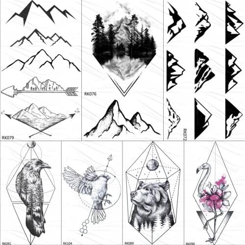 OMMGO Black Mountain Peak Arrow Temporary Tattoo Sticker Geometric Small Forest Tattoos Body Art Arm Women Men Fake Tatoos Paper