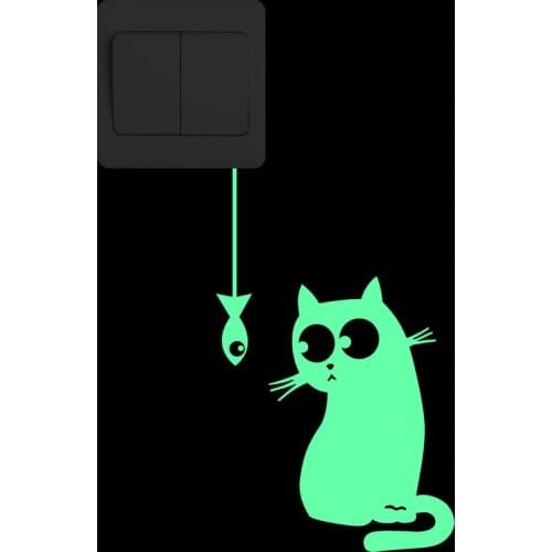 Hungry Cat See the Fish Funny Switch Stickers Decor Vinyl Wall Decal Glow in the Dark Cartoon Animal Sticker Kid Room Decoration