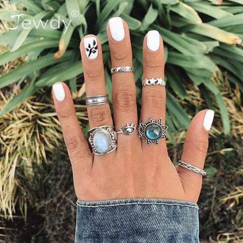 7 Pieces Vintage Crystal Opal Stone Knuckle Rings Set for Women Hollow Evil Eye Ring Bohemian Party Finger Decorate Jewelry 2020