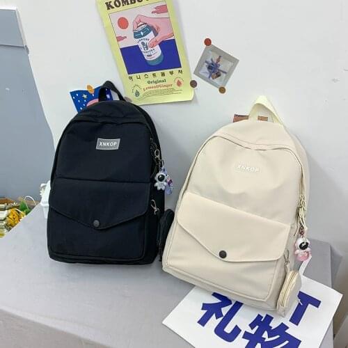 Japanese Solid Color Womens Fashion Backpack Cute Student Schoolbag With Pendant Nylon Large-capacity Travel Backpacks