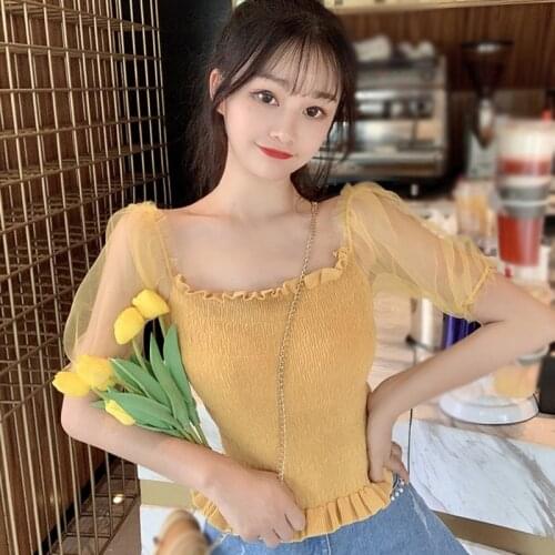 Womens Slash Neck Fashion Sweet Tee Shirt Summer Sexy Knitted Stitching Short Sleeves Top
