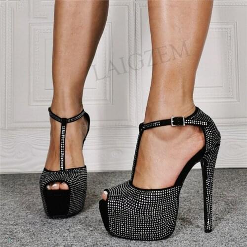 DOBANER Women Platform Sandals Ankle Straps Crystal High Heels Pumps Prom Party Ladies Shoes Woman Large Size 43 45 48 50 52