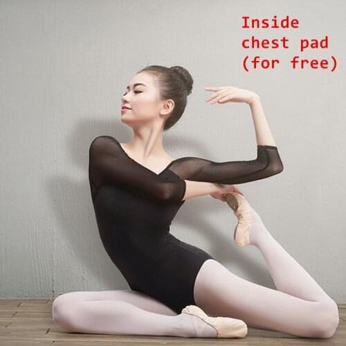 Women Black Mesh Dance Leotards Adult Ballet Practice Dance Costume Gymnastics Leotards Three Quarter Sleeve Ballet Leotards