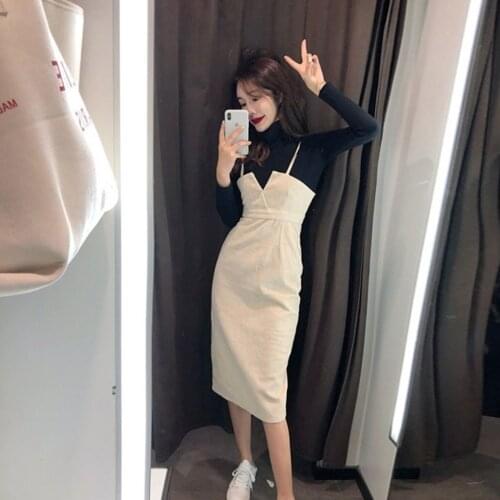 Women 2021 Autumn New Fashion Two-piece Suits Female Solid Color Stand Collar Pullover Tops Ladies Mid-long Slim Dress Sets M737