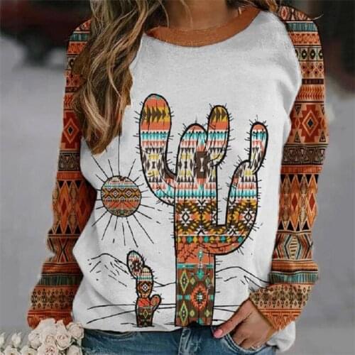 Harajuku Cactus Print Sweatshirt Women Crew Neck Pullover Casual Loose Long Sleeve Vintage Sweatshirts 2021 Autumn Tops Tshirt