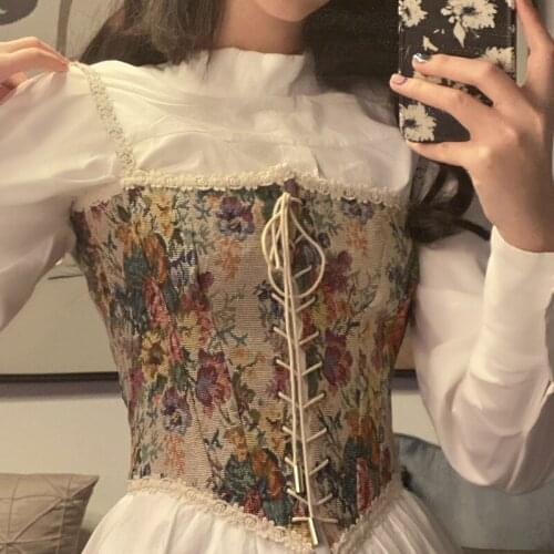 Women Vintage Flower Print Sexy Corset Crop Top Summer Patchwork Slim Bustier Tank Tops with Bandage for Jeans Skirt