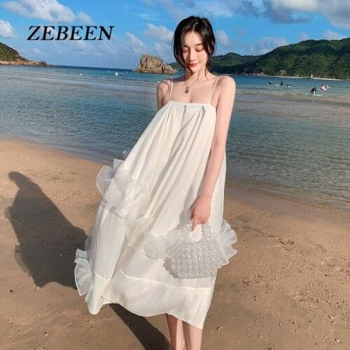 2021 Summer White Long Dress for Women Boho Slash Neck Spaghetti Strap A-LINE Swing Shows Lean Temperament Fashion Dresses