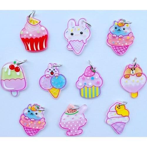 10 PCS Lovely Kawaii Cartoon Animals, Ice Cream Series Acrylic Flat DIY Pendant Key Ring Center Decoration Accessories A15