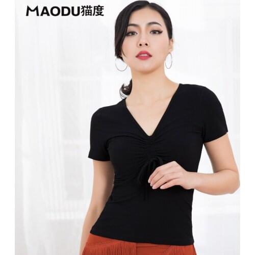 2019 Stretch Dancing Latin Top with V-neck Women Female Practice Standard Clothes Short Sleeves Flamenco Dancewear 3 Color B0019