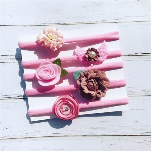 5PCS Artificial Flower Head Bands Beauty Pearl Floral Nylon Hairband For Newborn Kids Safe Headwear Gift Hair Accessories