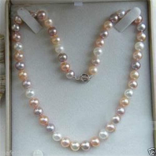 7-8mm Genuine Natural White Pink Purple Akoya Cultured Pearl Necklace 18"