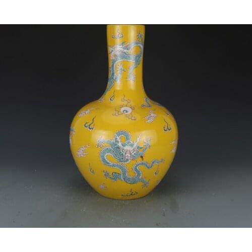 Antique QingDynaty Porcelain vase,Yellow Glaze Green Coloured Dragon bottle,hand-painted crafts, Home Decorations&Collection
