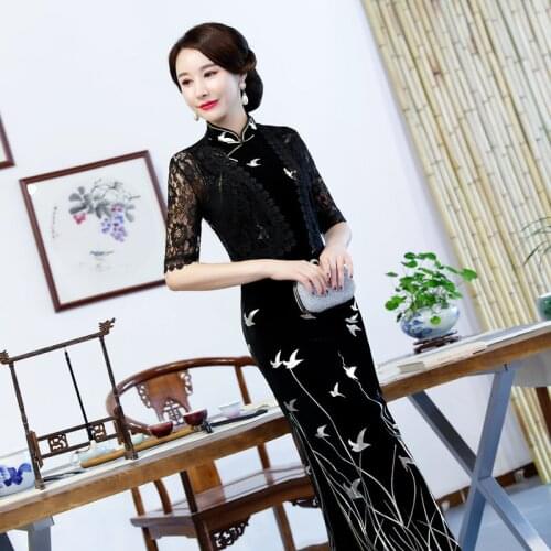 Black Lace Two Piece Vintage Gown Long Cheongsam Modern Orientale Slim Qi Pao Women Chinese Traditional Dress Qipao Promotion