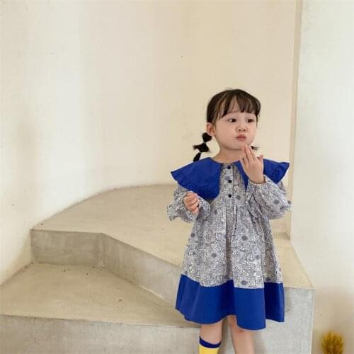 2021 Toddler Girl Floral Dress Children Korea Cotton Dresses with Big Collar Twins Sister Matching Frocks Clothes